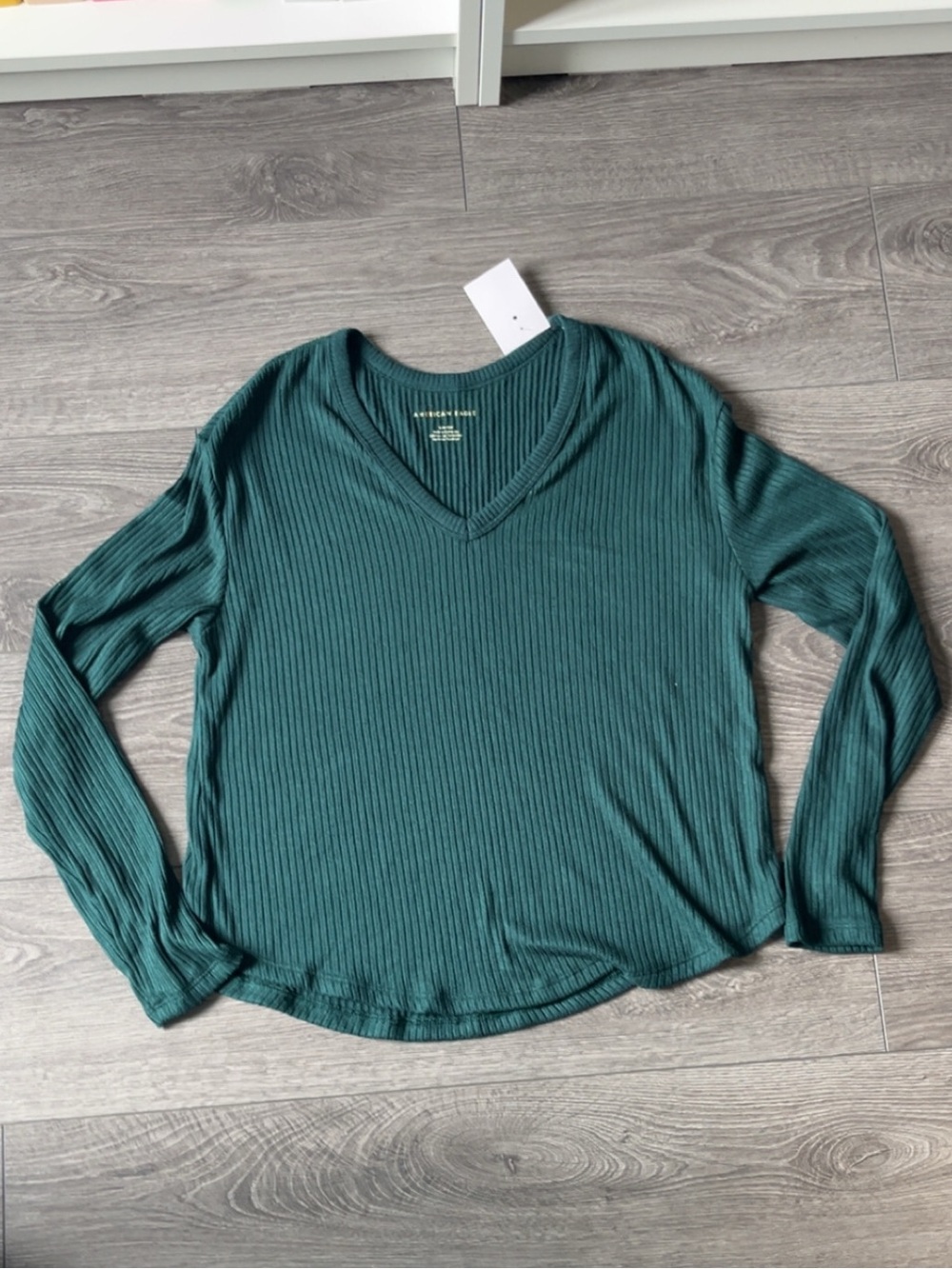 AMERICAN EAGLE Womens Ribbed V-Neck Long Sleeve Top - Teal